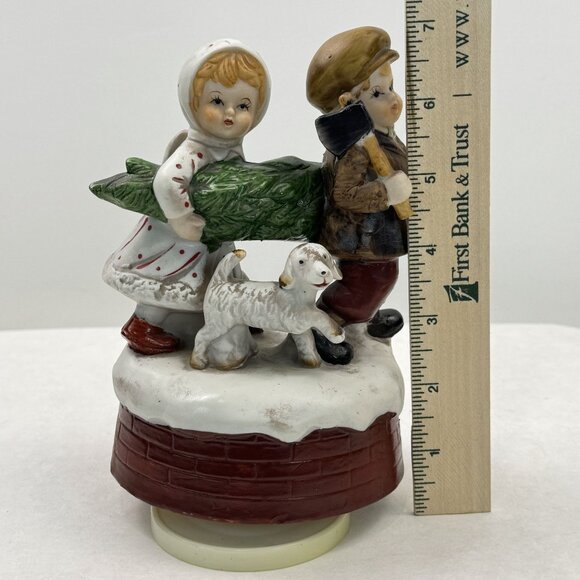 Vintage Ceramic Christmas Music Box "Oh Christmas Tree" Children Dog Rotating 7" - Picture 10 of 12
